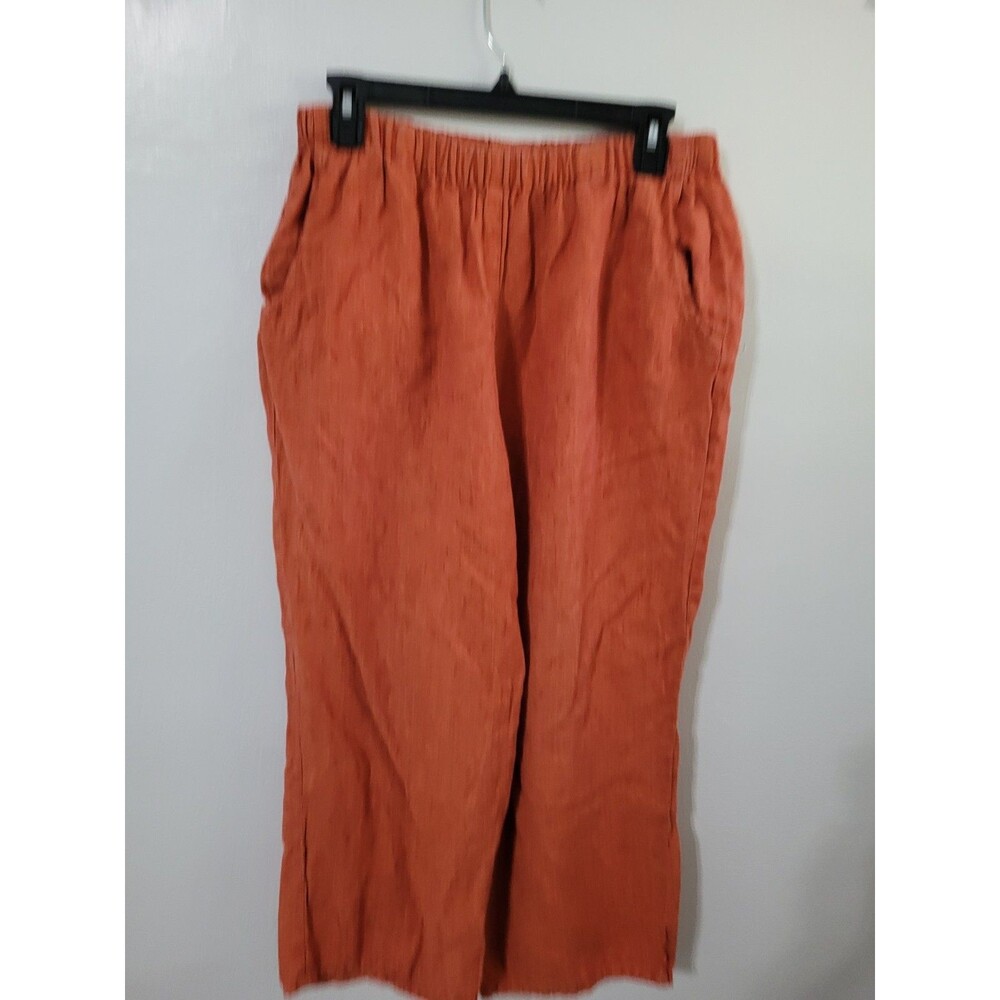 FLAX Women’s Orange 100% Linen Pants Elastic Waist Pockets  Size M Wide Leg Fall